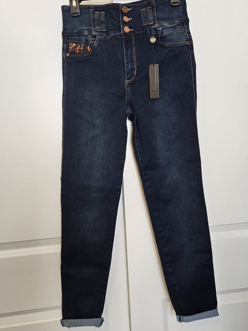Carisma Jeans Colombian Push Up Skinny Jeans Dark Wash Sequin Circuit Pockets 14 - Picture 2 of 10